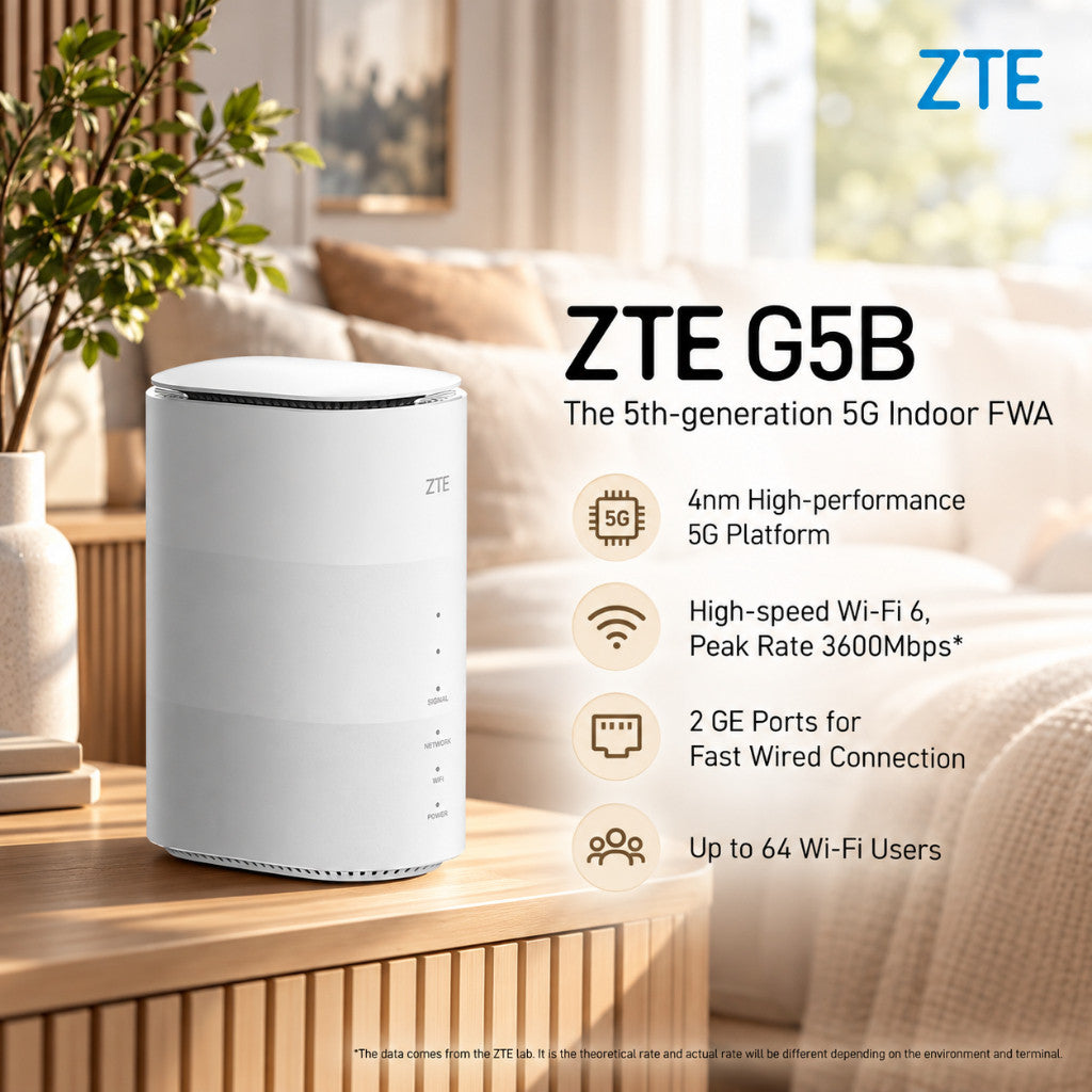 ZTE G5B 5G Router Indoor 5G CPE Router Wi-Fi 6 Up to 3600Mbps | Support 64 Users | 2 Lan Ports